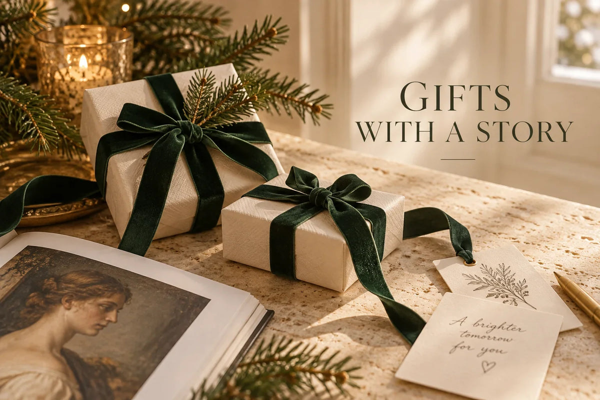 Gifts with a Story — Christmas editorial still life (AI-created)