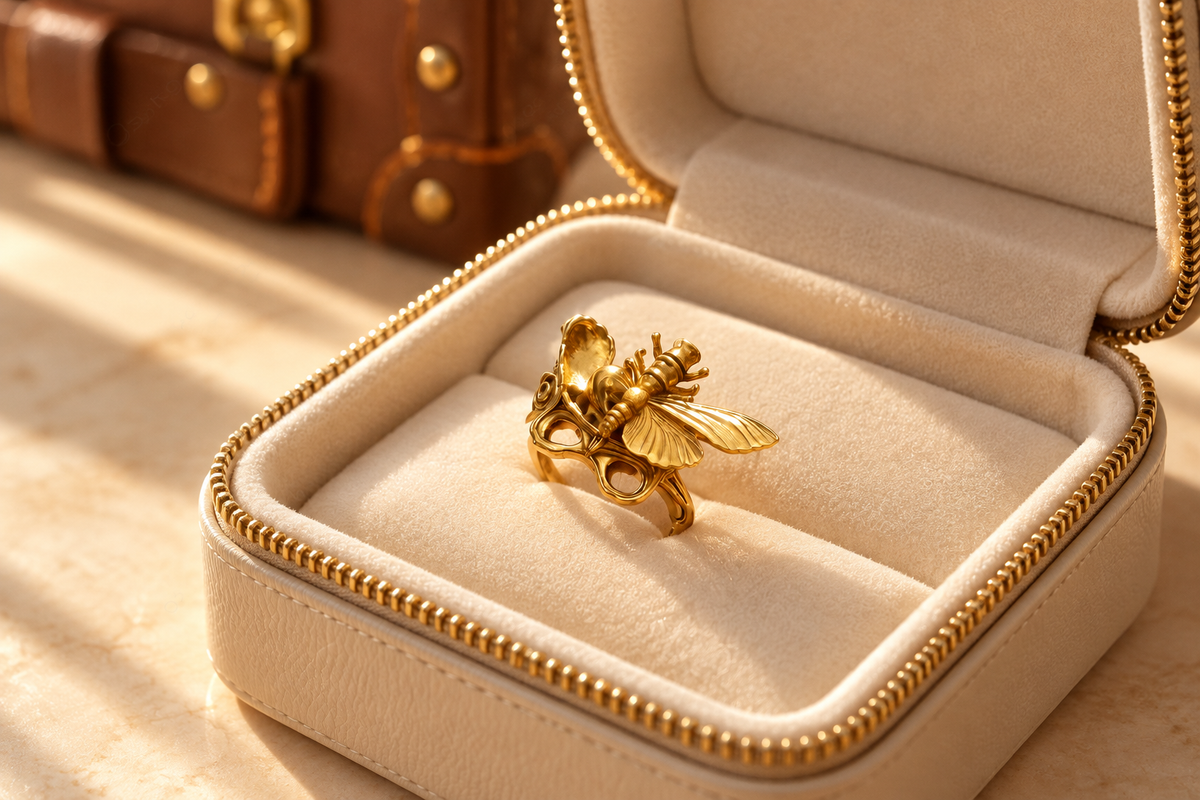 Gold sculptural insect ring resting in an open padded travel compartment