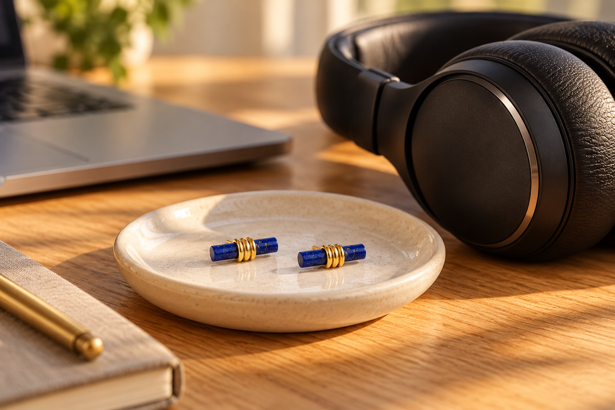 OsaRosa earrings and headphones AI-generated editorial illustration