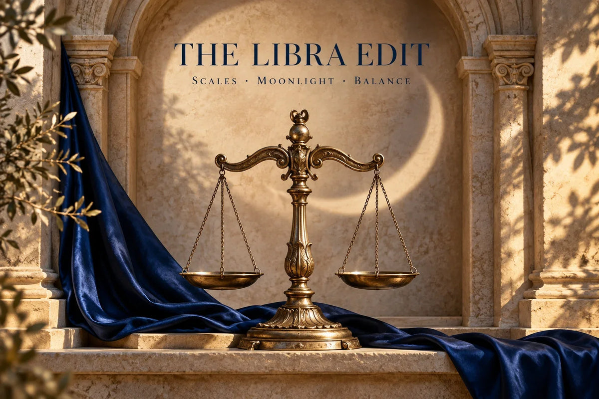 Libra scales with moonlight and blue silk