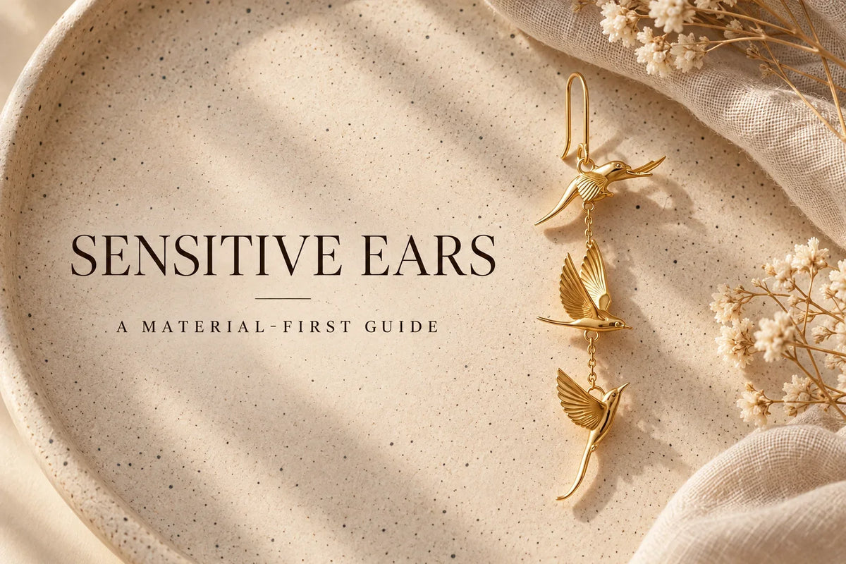 Sensitive ears material-first guide with Golden Lark Earrings — AI-created editorial illustration