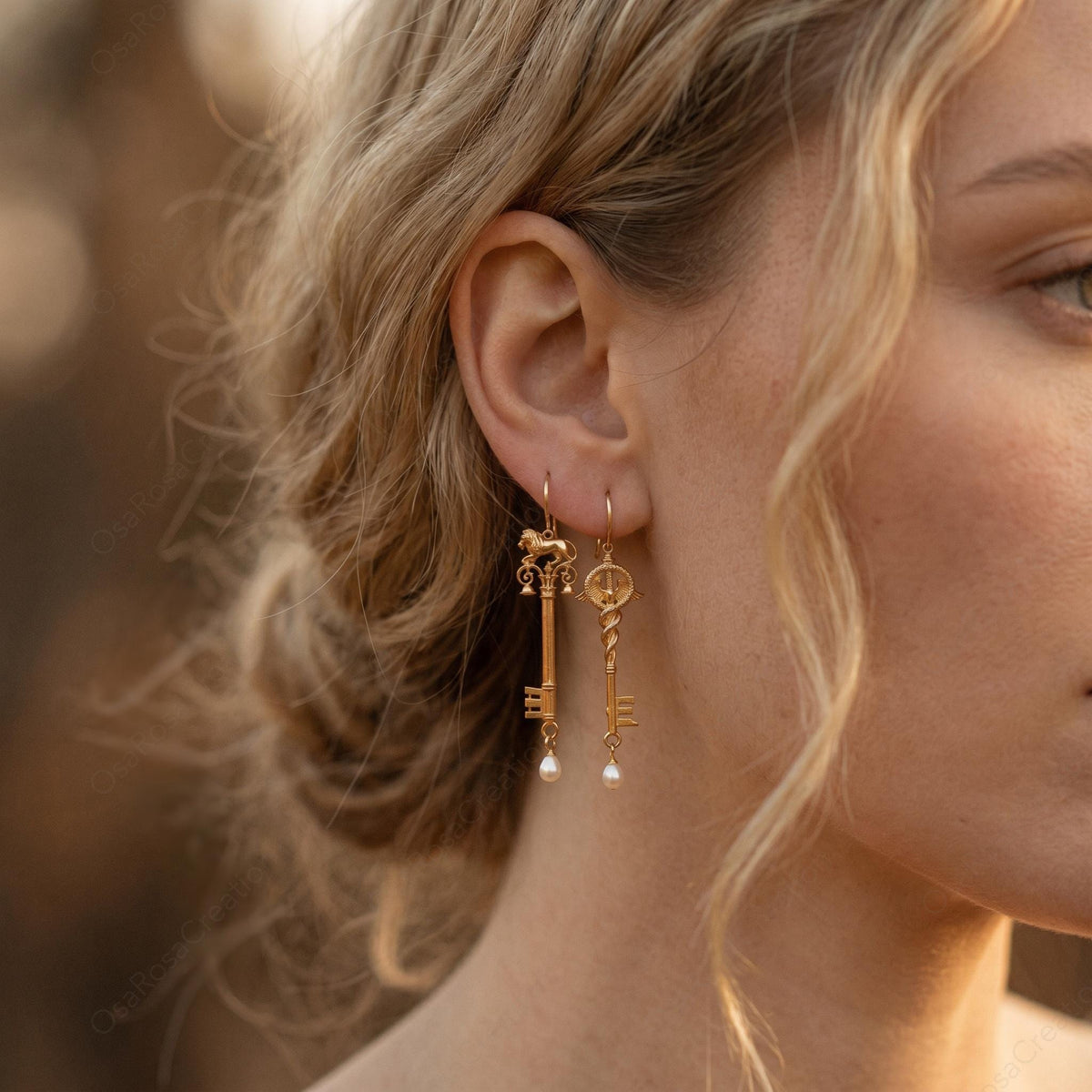 Lion Caduceus Key Earrings