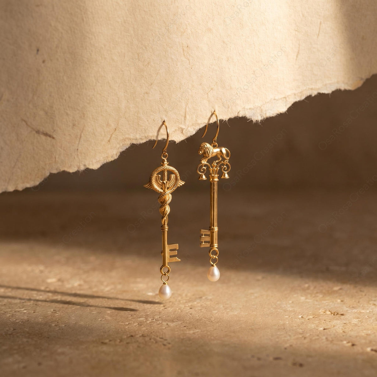 Lion Caduceus Key Earrings