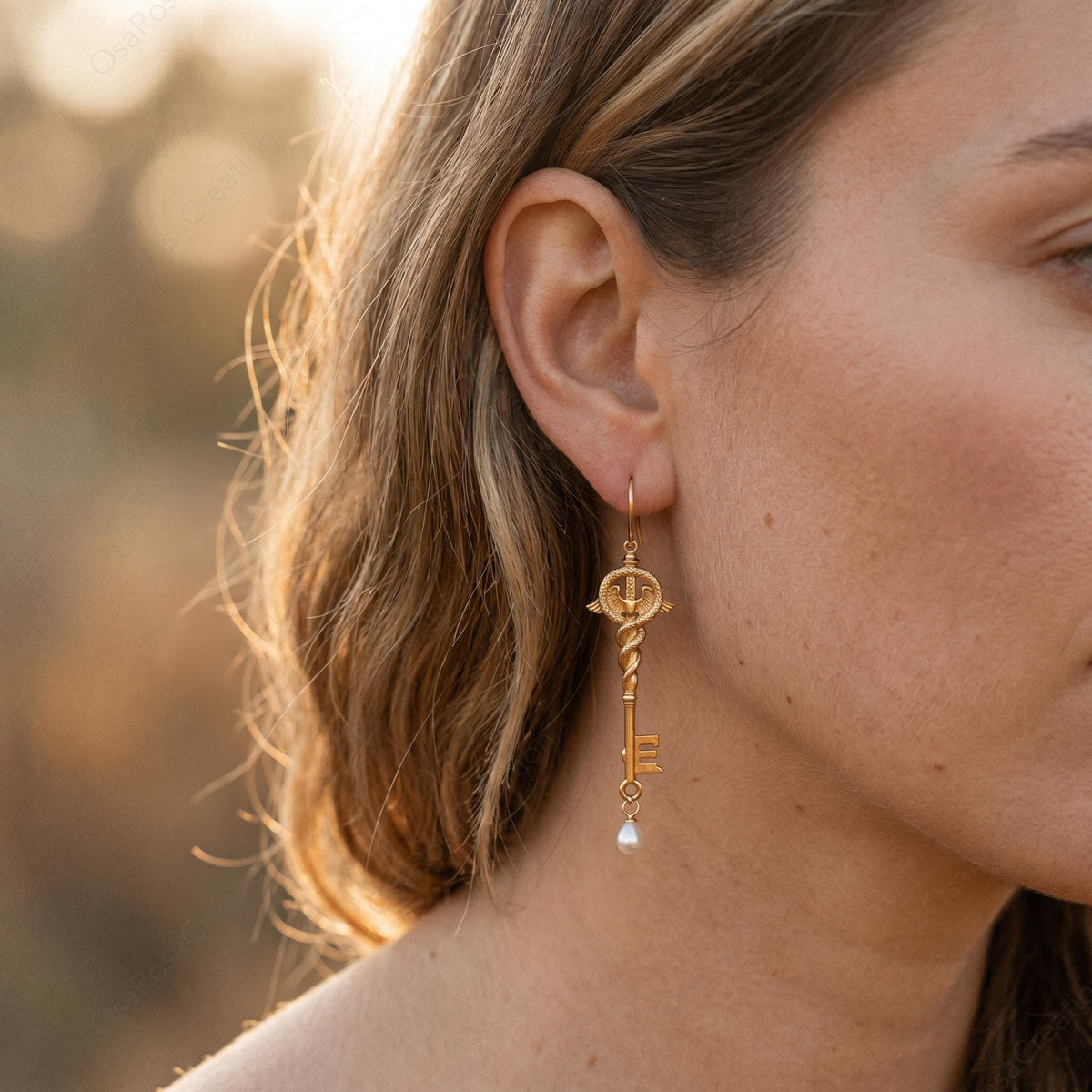 Lion Caduceus Key Earrings