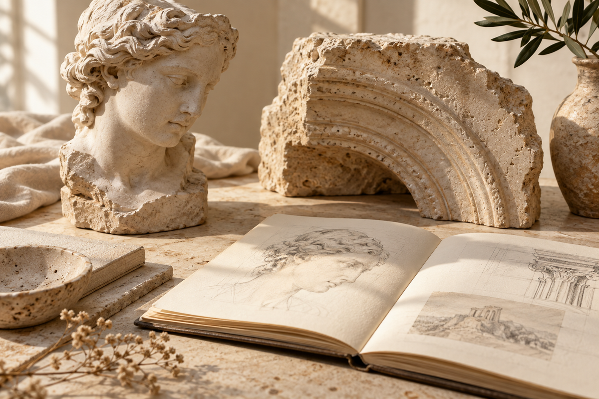 AI-generated classical sculpture, architectural fragment and sketchbook