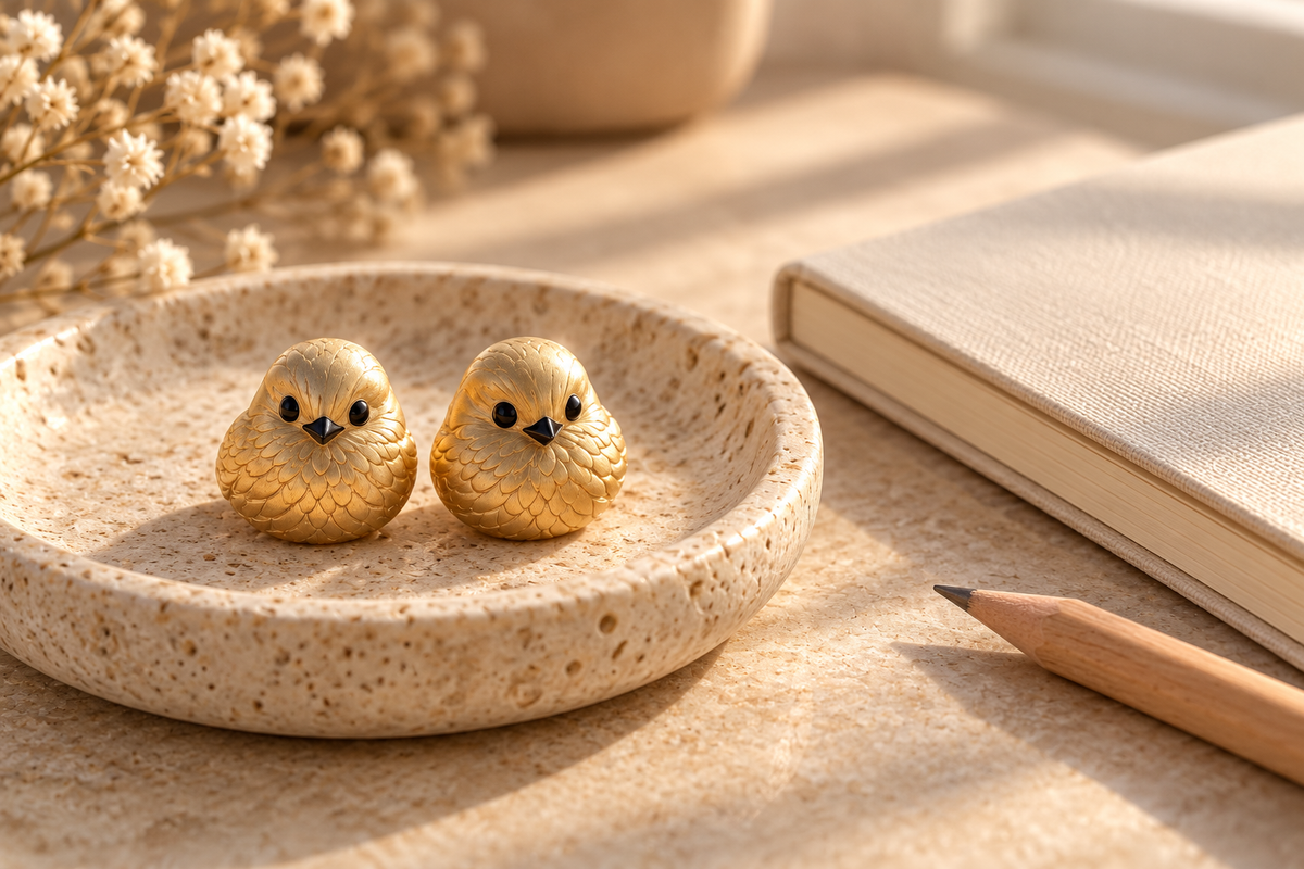 AI editorial illustration of gold bird studs beside a notebook for an earring shopping checklist