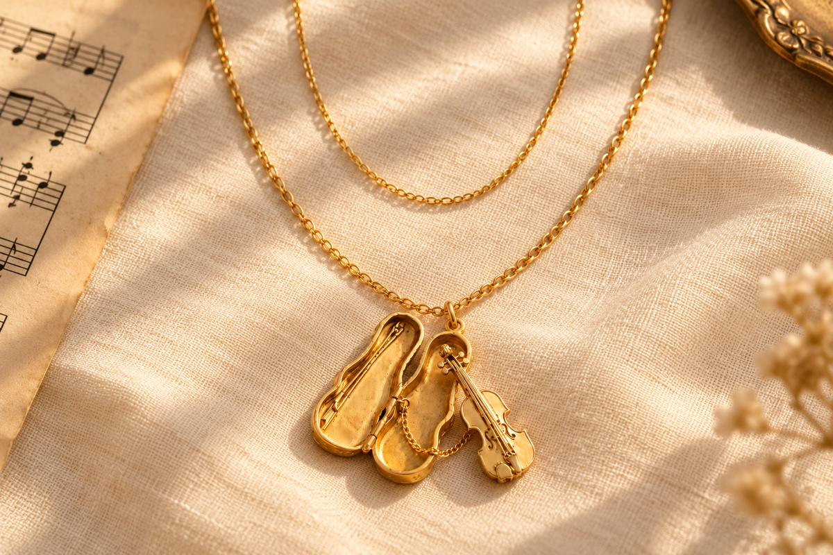 AI styling illustration of a violin pendant necklace and a shorter plain chain arranged separately