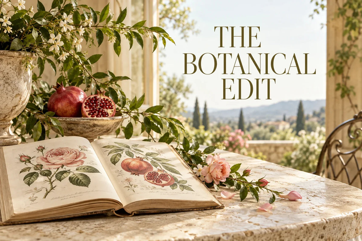 The Botanical Edit — AI-created garden still life with roses, a pomegranate branch and an art book