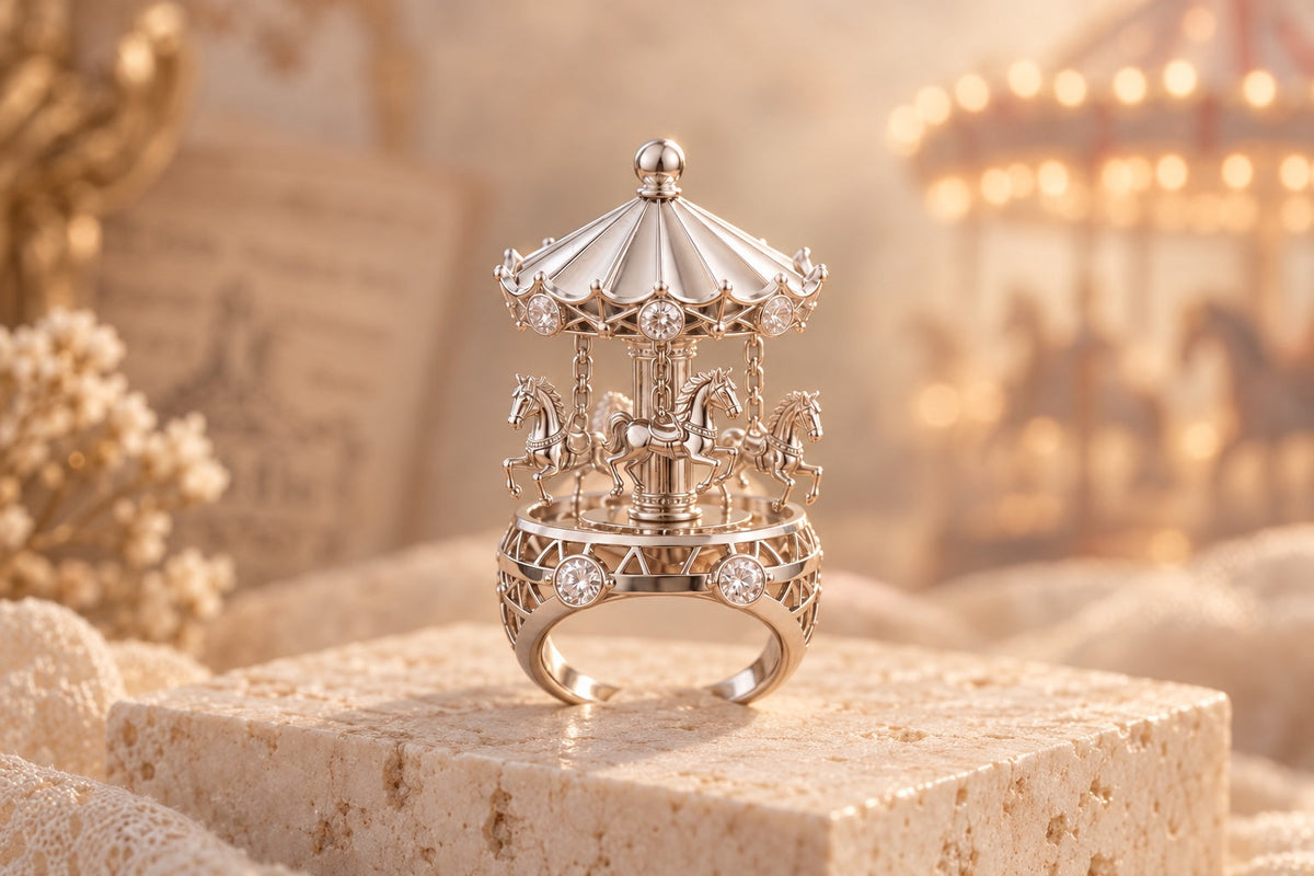 AI-generated styling illustration of the OsaRosa carousel dome ring on ivory stone