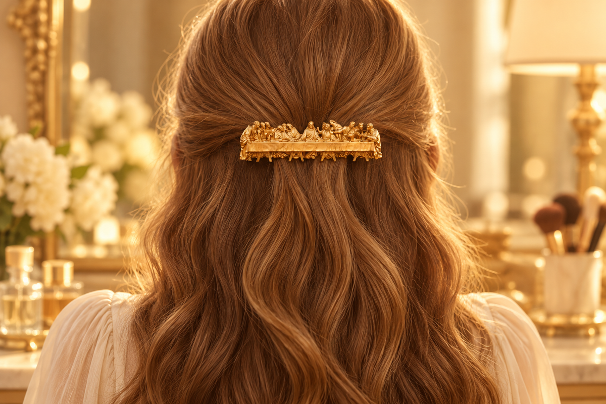 Gold Renaissance relief barrette styled in a small half-up section of wavy hair