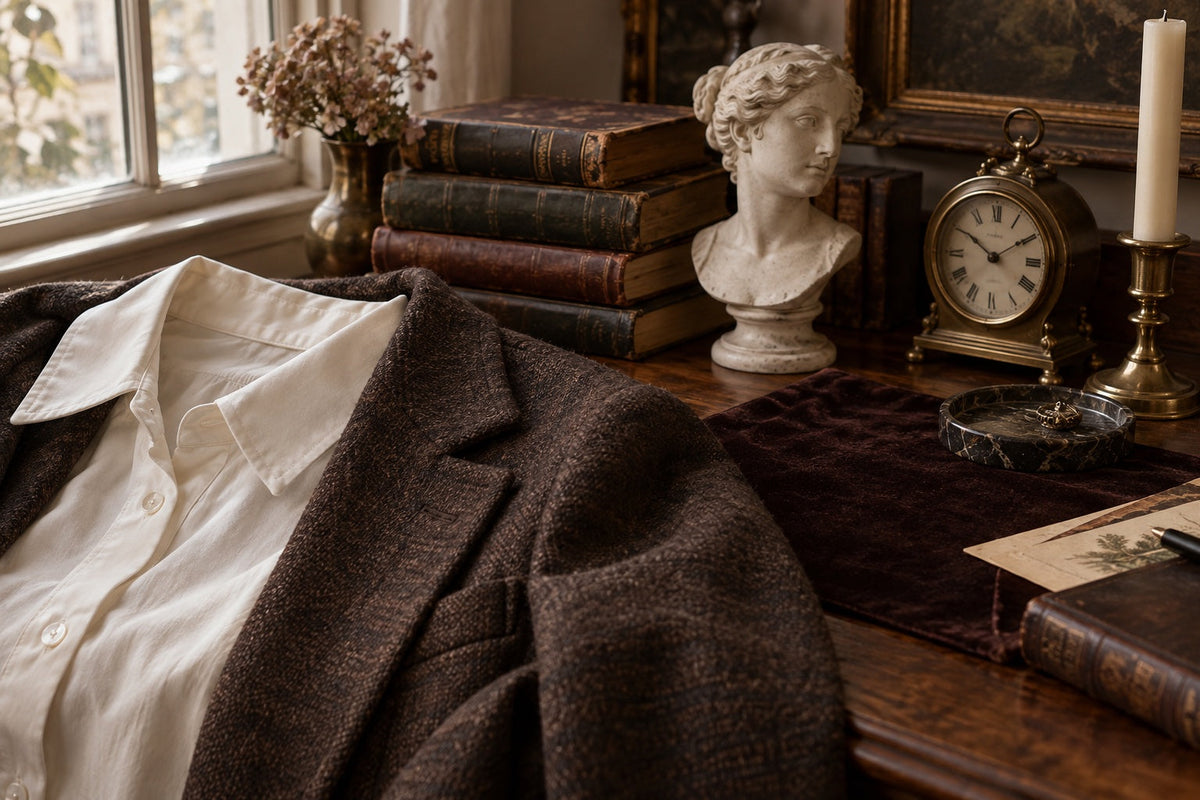 Dark academia outfit inspiration with books, an ivory shirt and a brown blazer