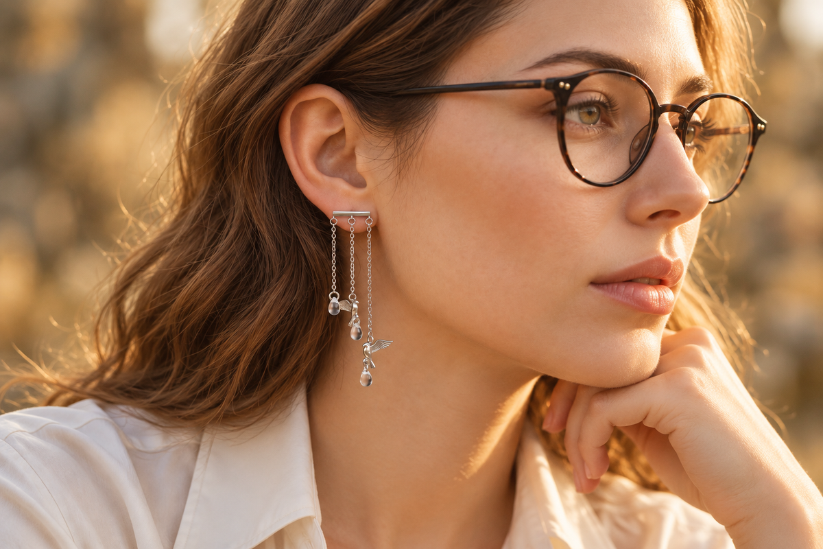 Fine dark eyeglass frames paired with silver bird fringe earrings and an ivory shirt