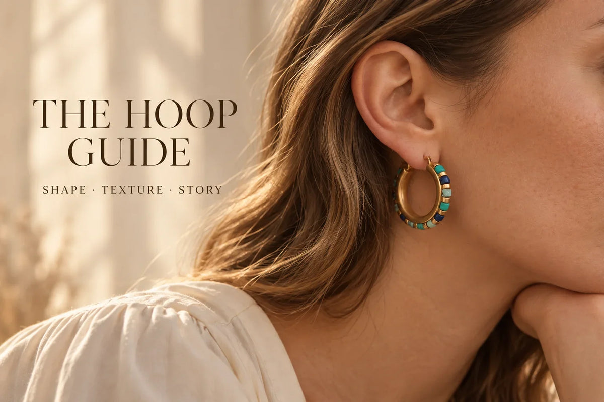 The Hoop Guide: shape, texture and story — AI-created Mediterranean Blue Bead Hoops styling illustration
