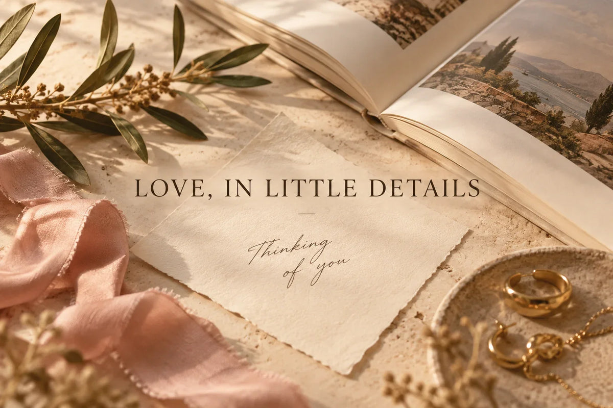 Love, in Little Details — AI-created editorial still life with a handwritten note, ribbon and art book