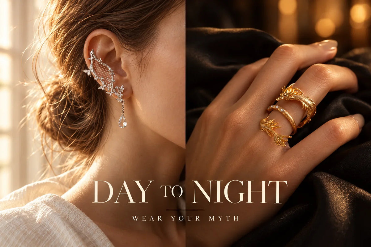 Day-to-night jewelry styling illustration: silver harp ear adornment and gold dragon ring