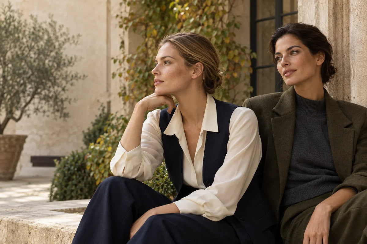 Two women in ivory, navy and charcoal autumn outfits, with hair tucked back