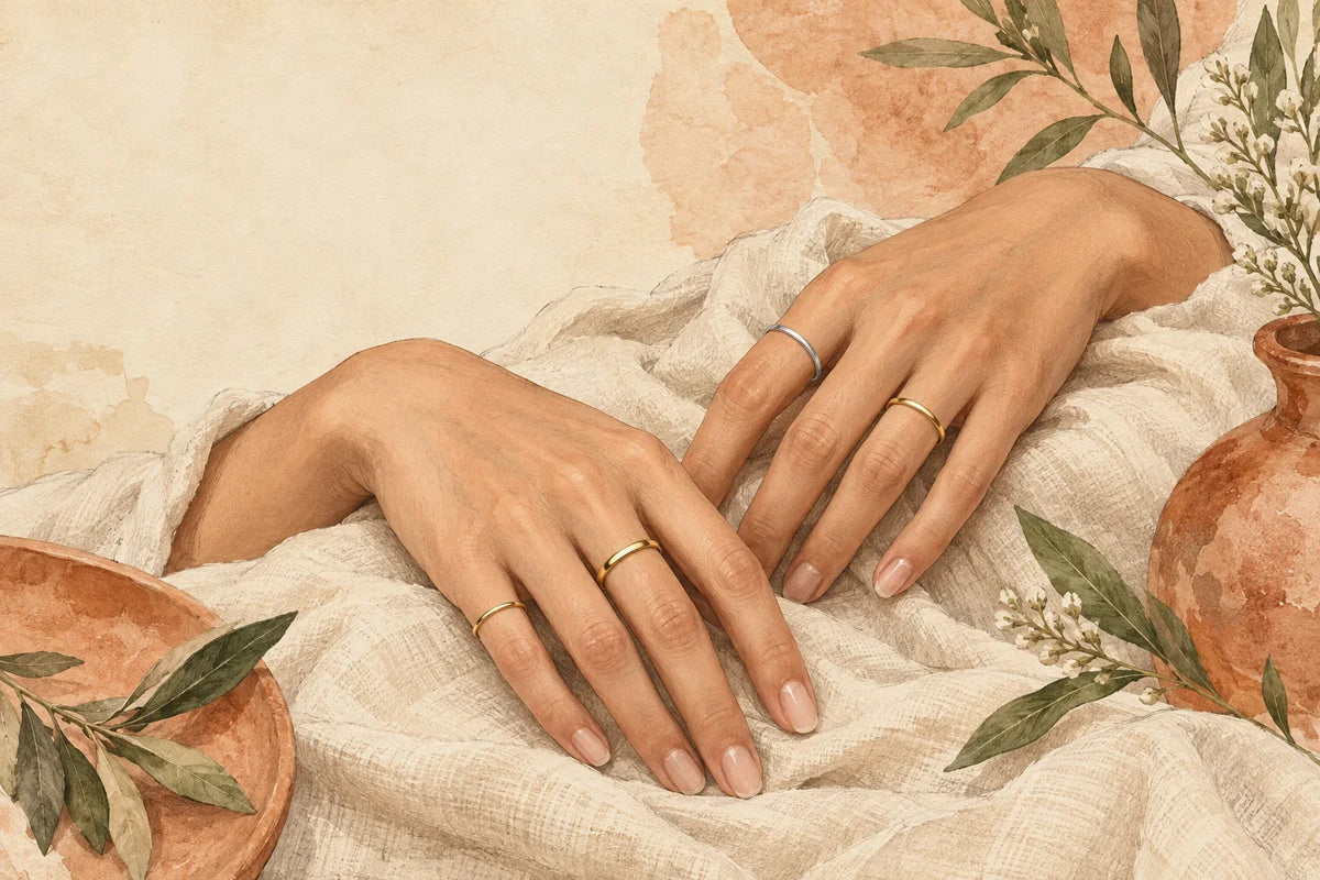 Watercolor styling illustration of hands wearing a few gold-tone and silver-tone rings
