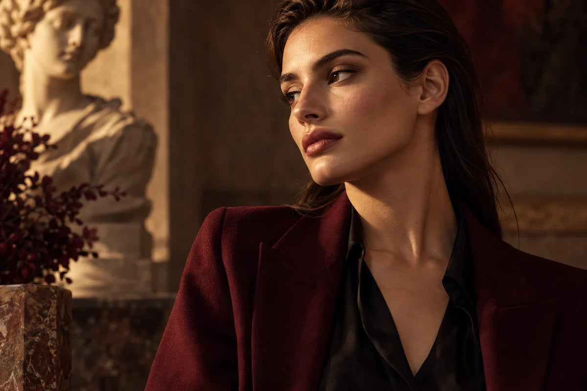 Scorpio styling inspiration: burgundy tailoring and black silk in a warm gallery setting