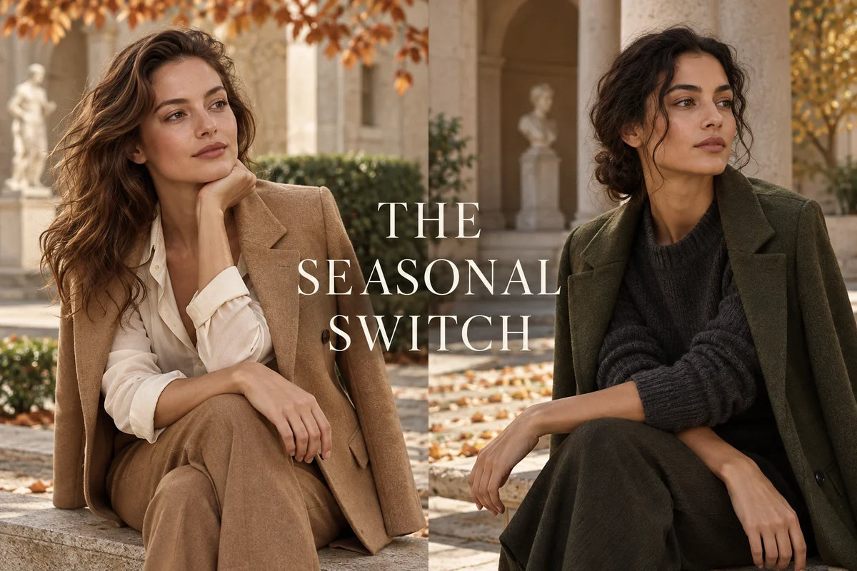 The Seasonal Switch — AI-created autumn fashion editorial with ivory and charcoal outfits