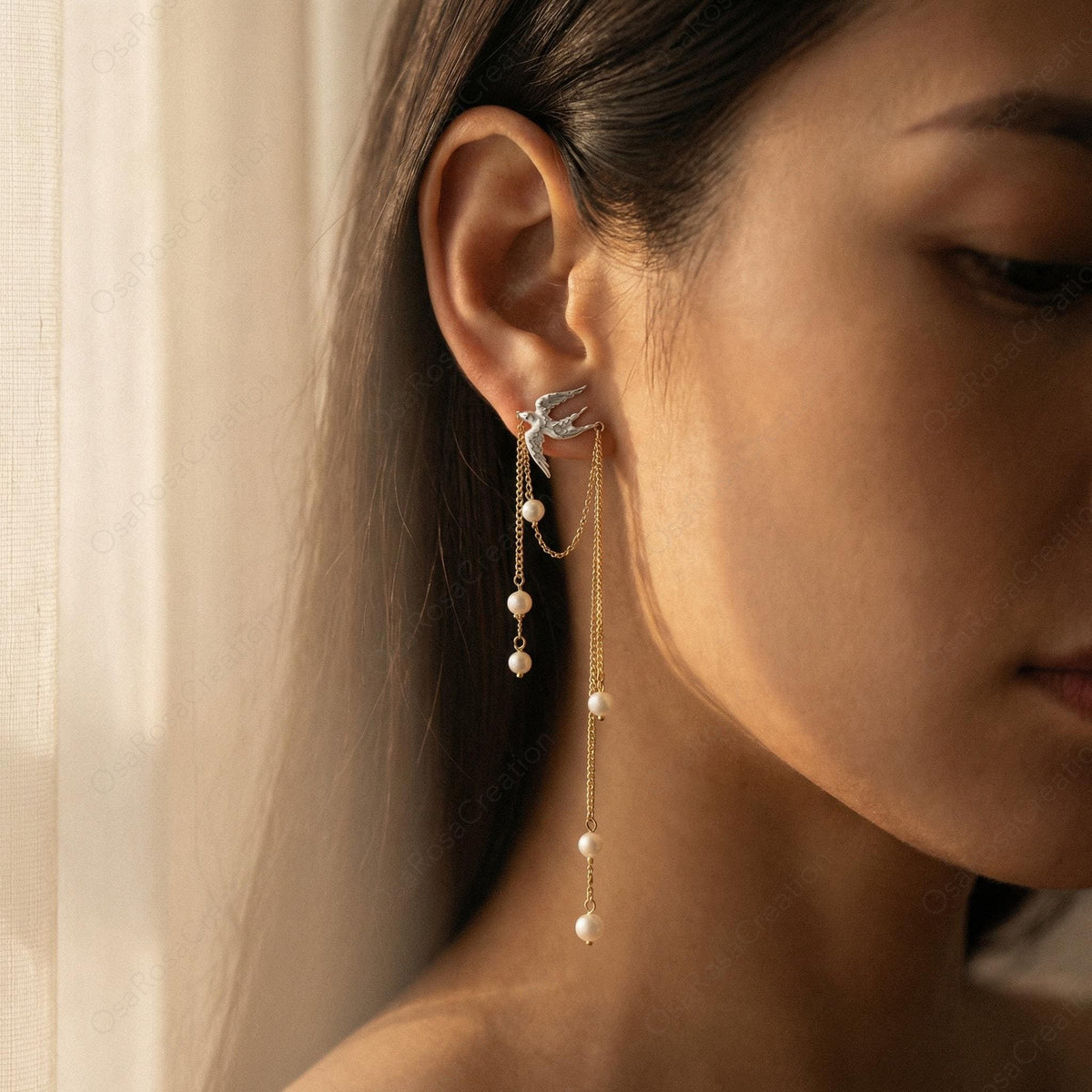 Silver Bird Pearl Earrings