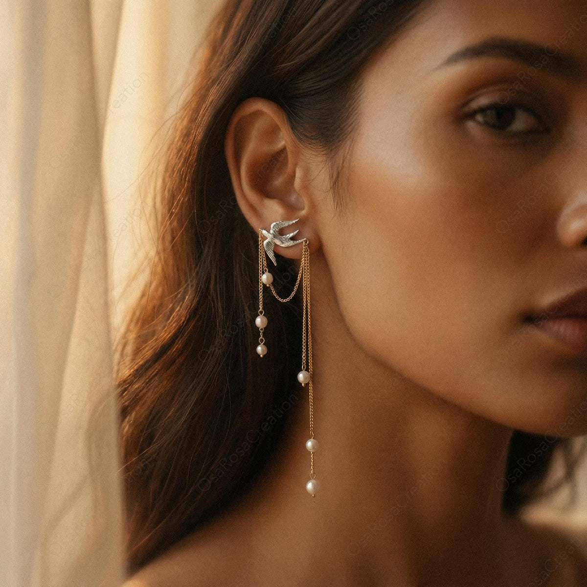 Silver Bird Pearl Earrings