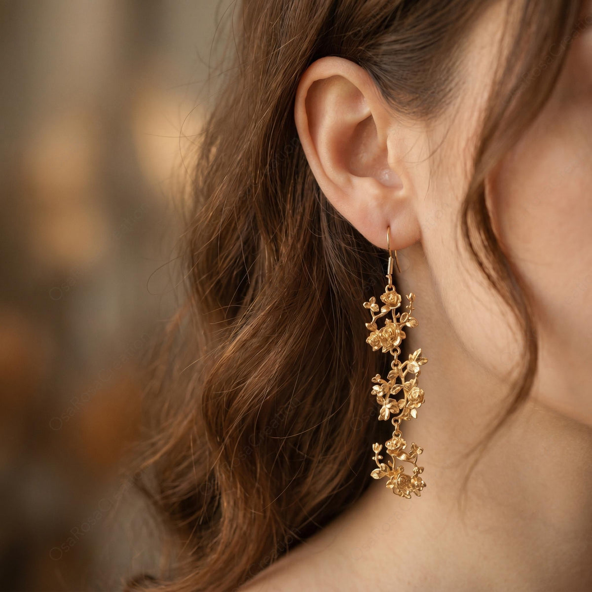 Gold Rose Drop Earrings