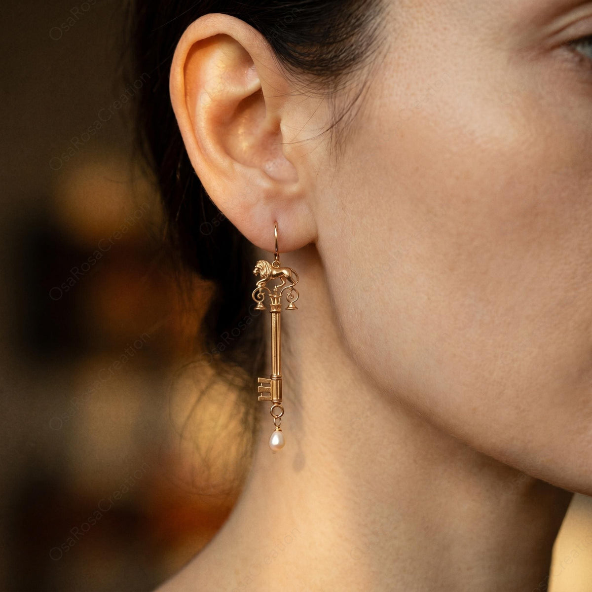 Lion Caduceus Key Earrings