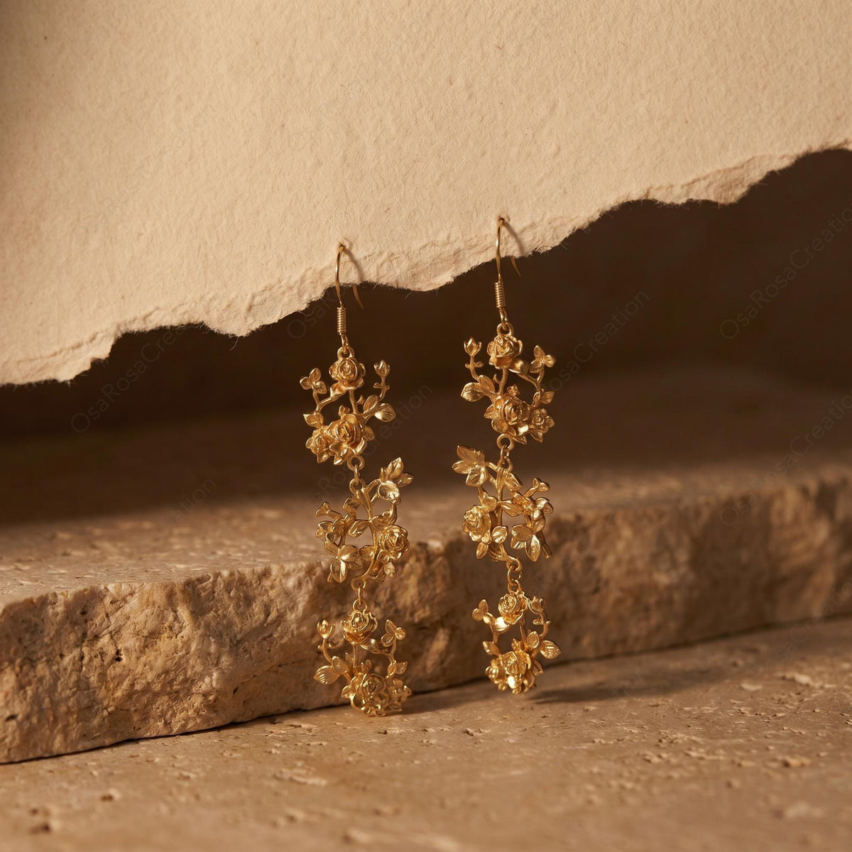 Gold Rose Drop Earrings