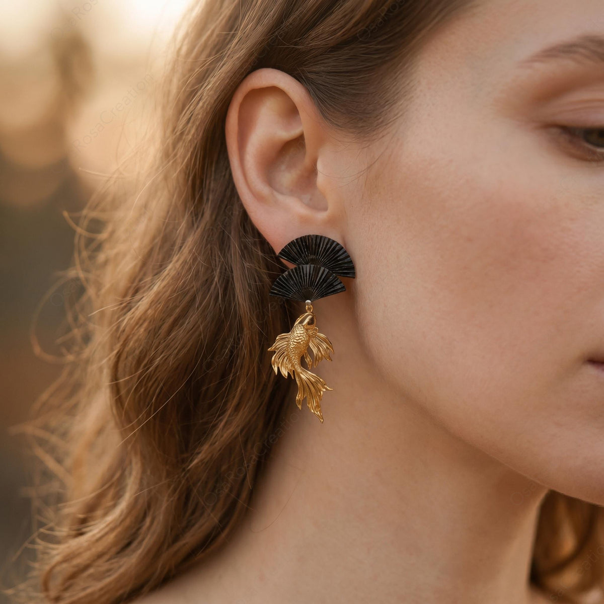 Black Fan Koi Earrings