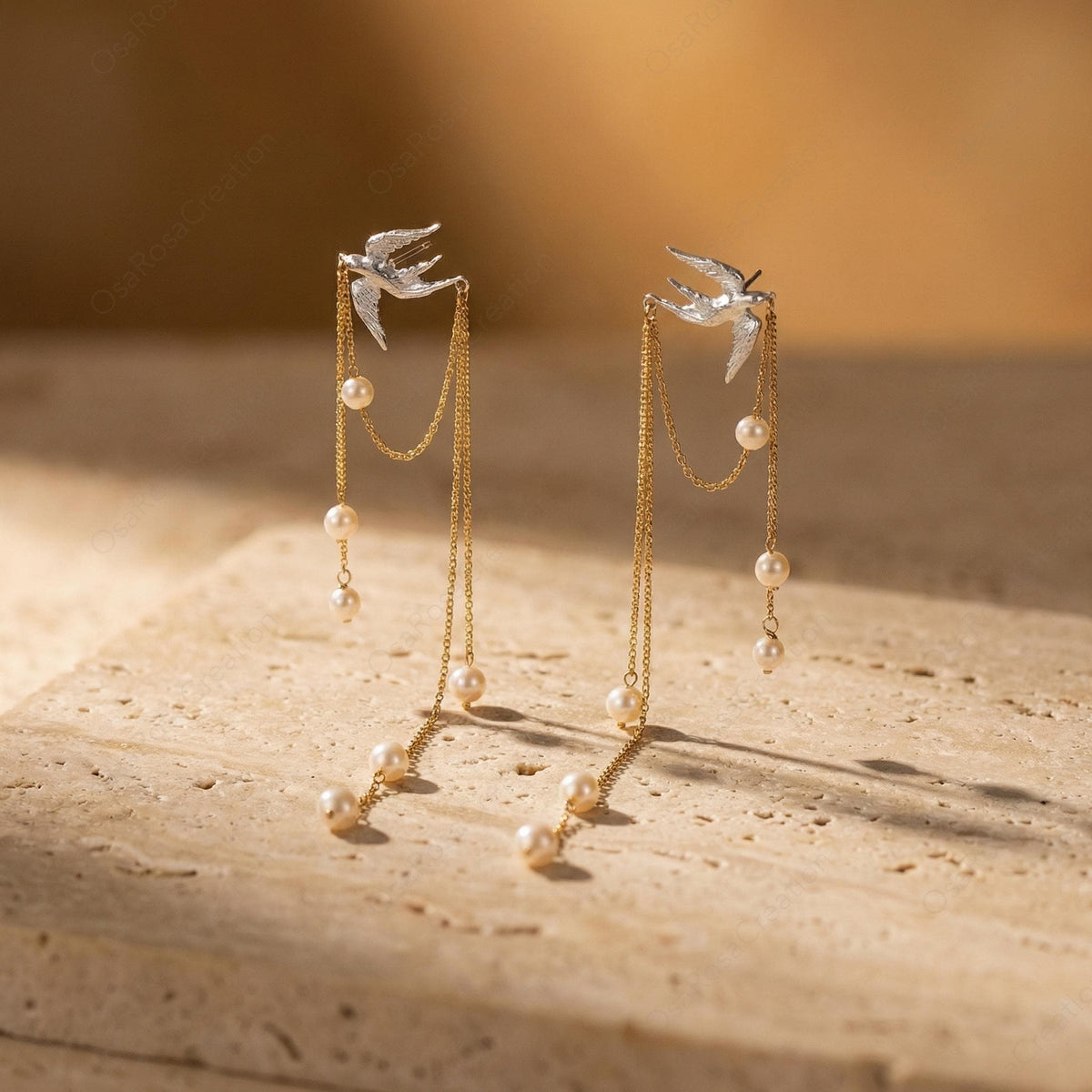 Silver Bird Pearl Earrings