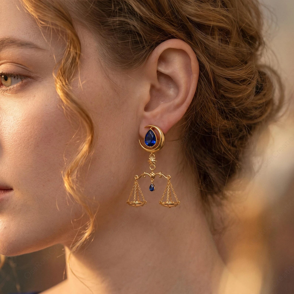 Celestial Balance Libra earring wearing view with hair swept back