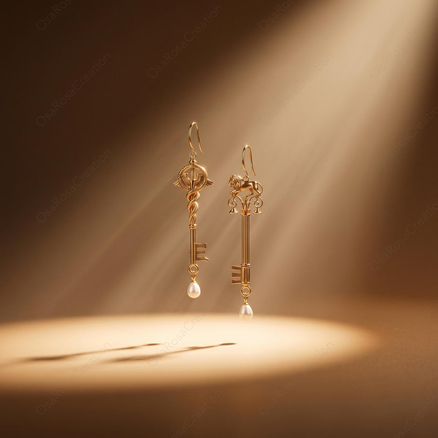 Lion Caduceus Key Earrings