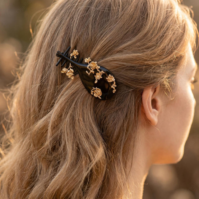 Gilded Rose Hair Comb worn by a model